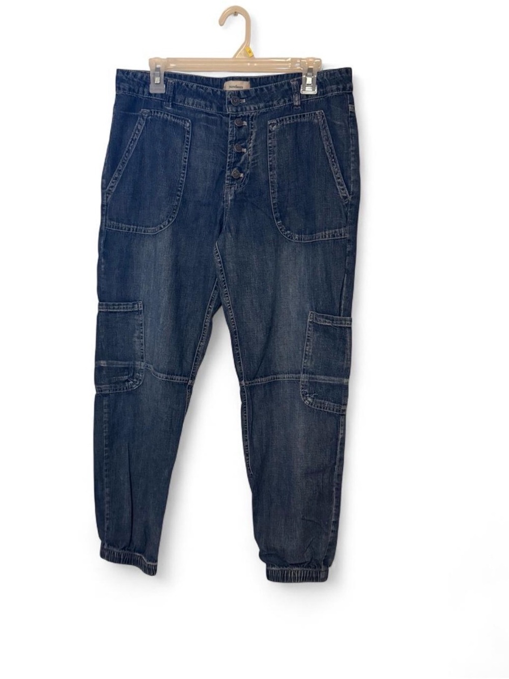 Sundance Jolienne Denim Cargo Joggers Medium Wash Button Fly Size 14 EUC